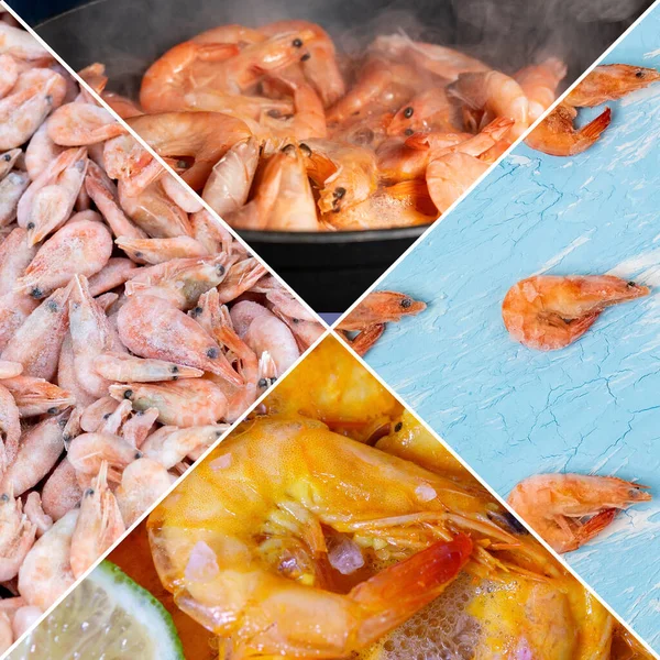 Gamberetti Disposti Display Banner Collage Cucina Pesce Formato Quadrato — Foto Stock