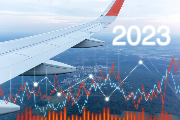 Airplane Flying Sea Clouds Travel Artistic Concept Beginning 2023 Graph — Stock Photo, Image