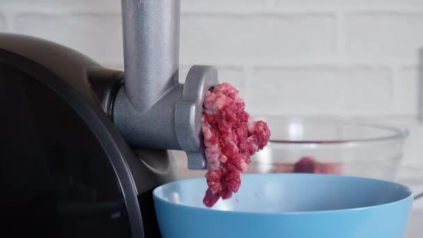 Elektrikli Öğütücüsünde Işlenmiş Pirzola Köfteler Için Kıyma Domuz Eti Hazırlayın — Stok video