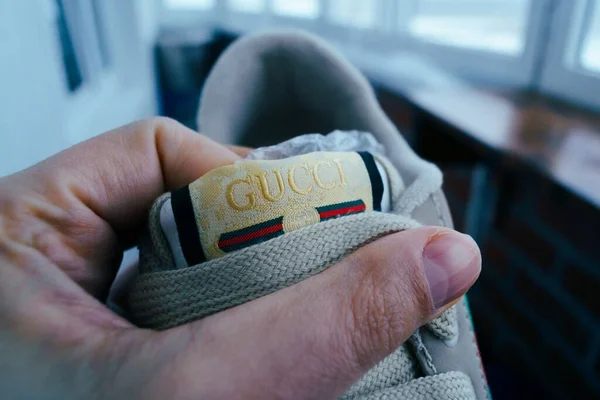 Tyumen Russia February 2023 Gucci Sneaker Stylish Fashionable Logo Close — Stock Photo, Image