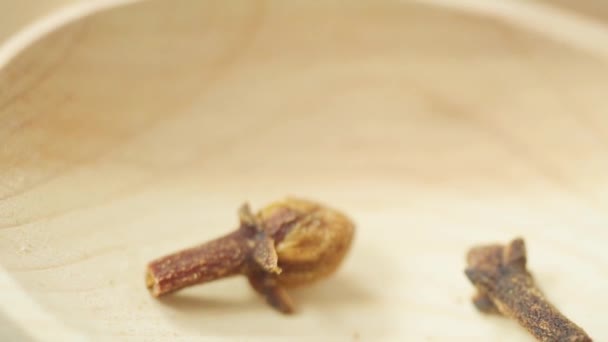 Dry Cloves Wooden Background Cloves Spice Close Macro Slow Motion — Stock Video