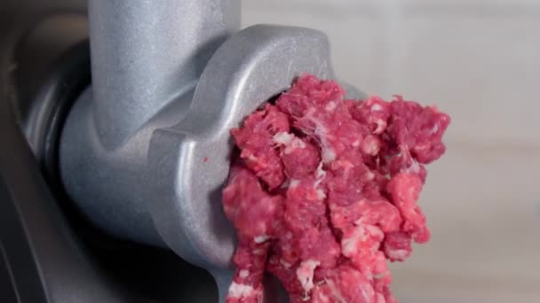 Preparación Carne Picada Una Picadora Carne Eléctrica Enfoque Selectivo — Vídeo de stock
