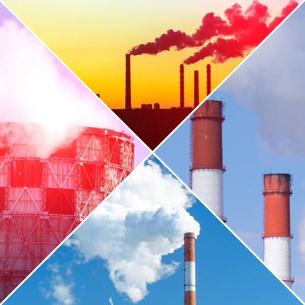 工業工場の汚染 煙の出る排気ガス コラージュ 正方形のフォーマット — ストック写真