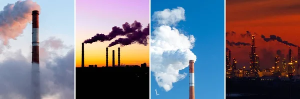 Industrial factory pollution, smokestack exhaust gases. Collage banner