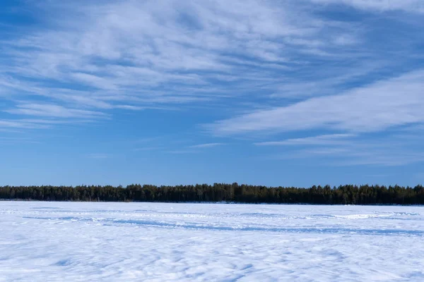 호수는 얼어붙었고 풍경은 눈덮인 지역에 있습니다 — 스톡 사진