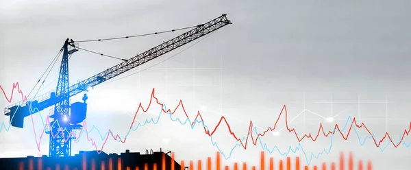 Construction cranes on the background of the growth graph. The concept of success, profit in construction. Copy space