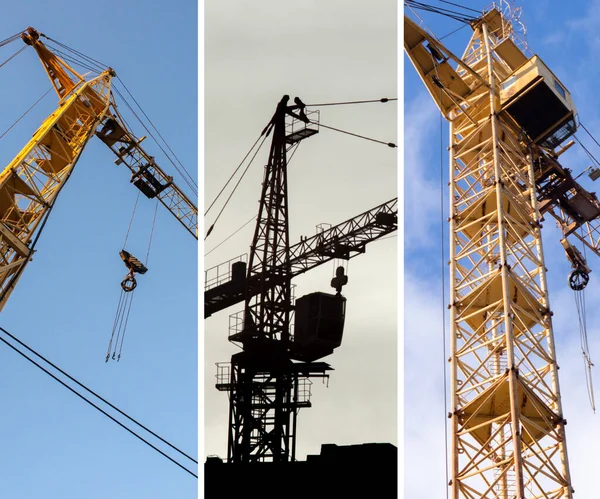Construction work site collage. Industrial construction cranes