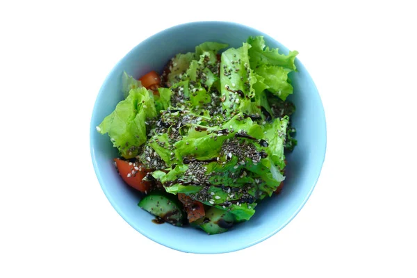 Healthy Salad Chia Seeds Lettuce Leaves Olive Oil Tomatoes Balsamic — Stock Photo, Image
