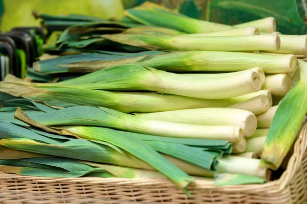 stock image Organically grown leek, close-up selective focus. Sale of vegetables, in a grocery hypermarket