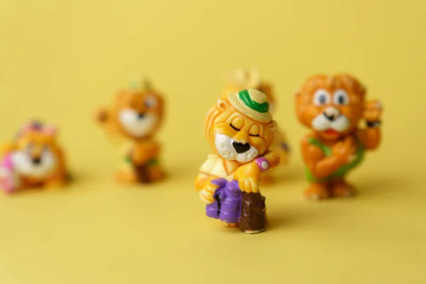 stock image Tyumen, Russia-February 15, 2023: Collection of lion. Hobby. Kinderfilia - collecting childrens toys and souvenirs from kinder surprise.