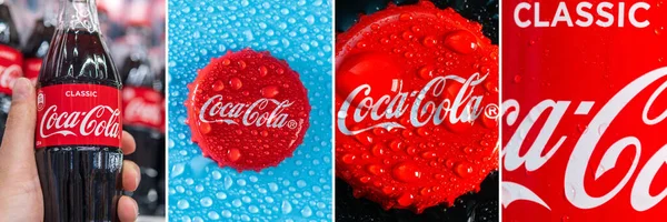 Tyumen Rússia Janeiro 2023 Colagem Coca Cola Empresa Banners Com — Fotografia de Stock