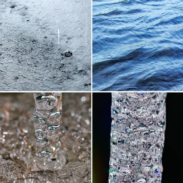 Collage of water design. Square banner. Close up of water, macro, liquid