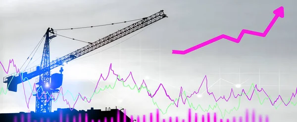 Construction cranes with a schedule of growth in demand for houses. Demand for construction, mortgage. Finance economy industry growth investment target concept