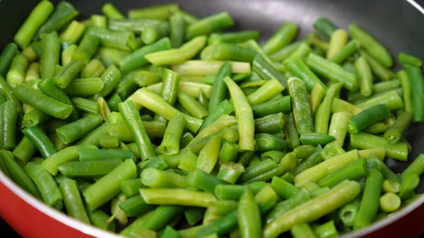 Green Beans Ready Cooking Frying Pan Bio Green Beans Cooking — Stock Photo, Image