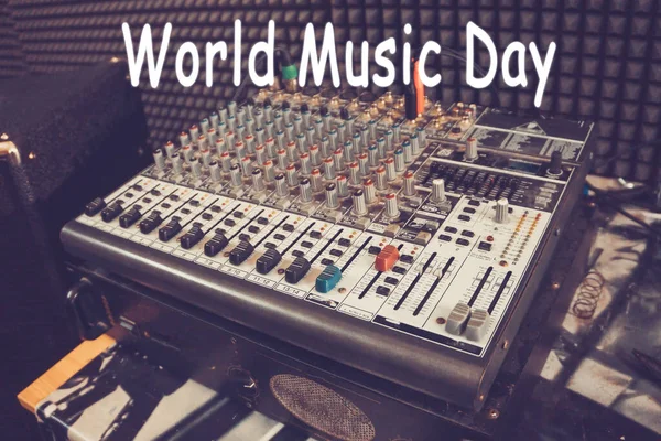 World Music Day. Mixing console for music for DJ electronic music in retro style
