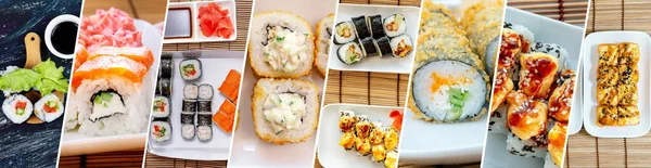 Essensset Mit Verschiedenen Sushi Rollen Collage Japanische Cuisiune Horizontales Format — Stockfoto