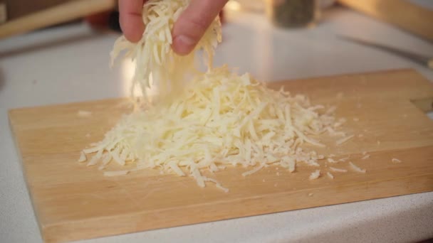 Grated Cheese Stripes Falling Cheese Making Pizza — Stock Video