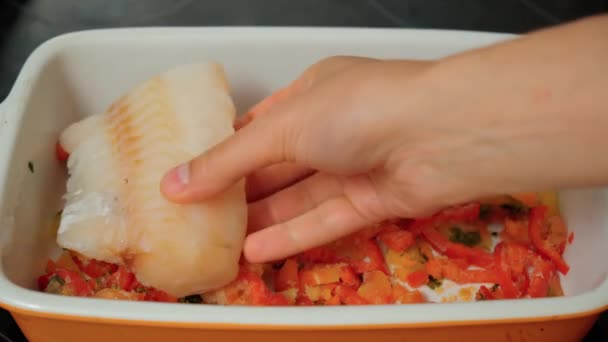 Filet Świeżego Dorsza Morskiego Przygotowania Zdrowego Dania Solą Mielonym Pieprzem — Wideo stockowe
