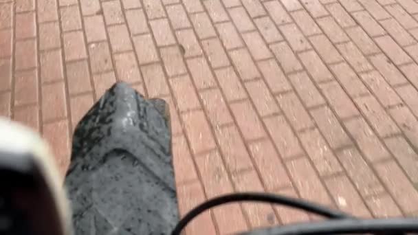 Riding Bike Wet Road Rain Selective Focus Slow Motion — Stock Video