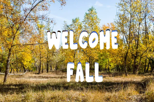Welcome Fall Lettering Inscription Cloudy Autumn Weather Nature Forest — Stock Photo, Image