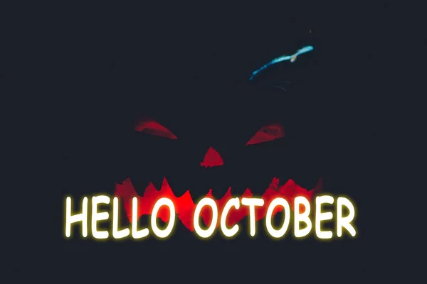 Lettering Olá Outubro Abóbora Halloween Fundo Preto Feriado Outono Intimidante — Fotografia de Stock
