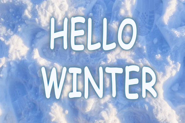 Hello Winter Lettering Inscription Human Footprints Snow Background Texture Winter — Stock Photo, Image