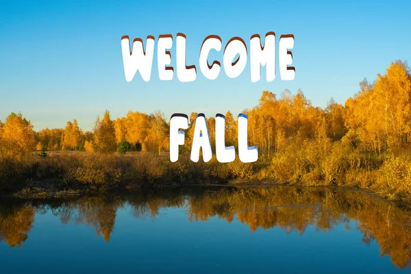 Vítejte Podzimní Nápis Úžasný Pohled Barevné Podzimní Lesní Večer Krajina — Stock fotografie