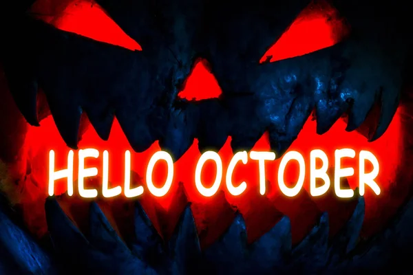 Scary Pumpkin Halloween Night Black Background Lettering Hello October — Stock Photo, Image