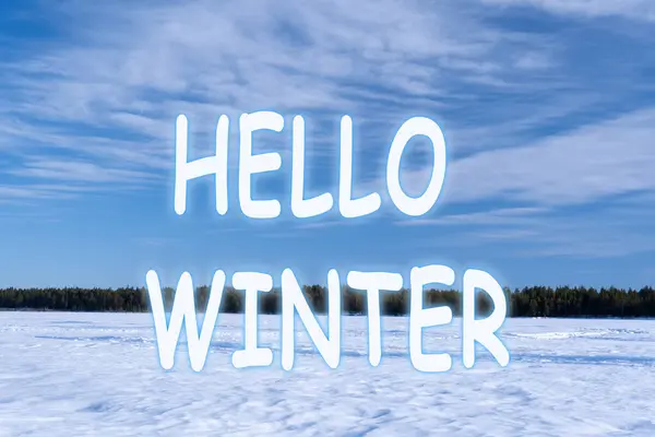 冬の背景について こんにちは冬のレタリング碑文 湖は凍っている 雪に覆われた自然保護区の冬の風景 — ストック写真