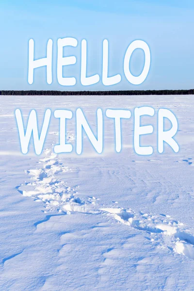 湖の冬の雪道について 冬の雪景色 こんにちは冬のレタリング碑文 — ストック写真