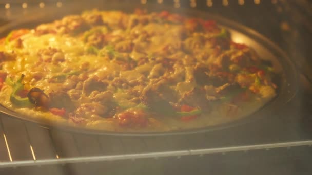 セントルイススタイルピザ ベーコン ソーセージ 玉ねぎ ベルペッパーを充填として 居酒屋カット — ストック動画