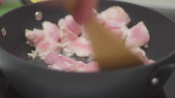 在煎锅里煎一块肉火鸡 有选择地集中注意 — 图库视频影像