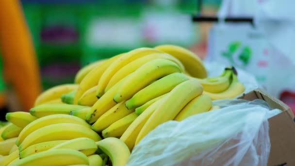Sélectionner Concentration Des Grappes Bananes Mûres Jaunes Dans Magasin Disposé — Video