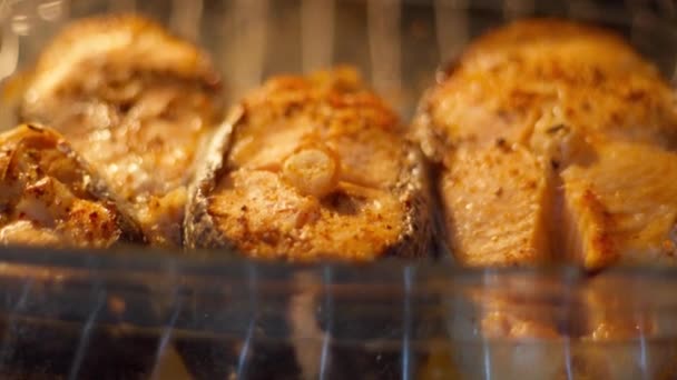 Jedzenie Gotowanie Ryb Piekarniku Pyszne Zdrowe Posiłki Przygotowywane Ostrożnością — Wideo stockowe