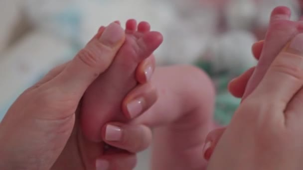 ベイビー フィート 生まれたばかりの赤ん坊の両足を握っている母親 母親の手の中の赤ちゃんの足 ママとその子 ハッピーファミリーコンセプト — ストック動画
