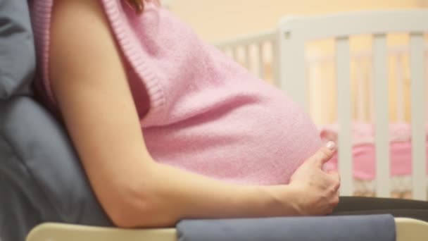 怀孕的女人手里拿着她的肚子 抚摸未出生的孩子 — 图库视频影像