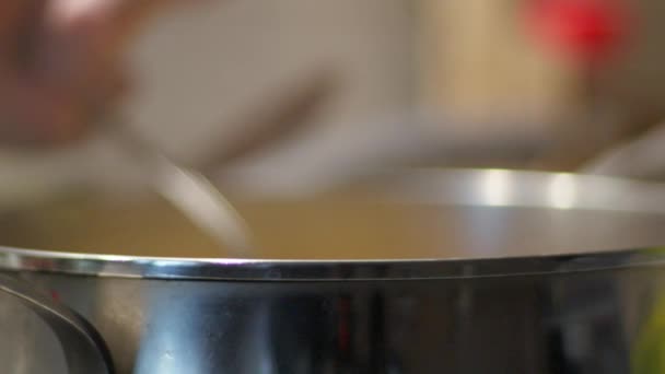 Person Stirring Pot Spoon Cooking Selective Focus — Stock Video
