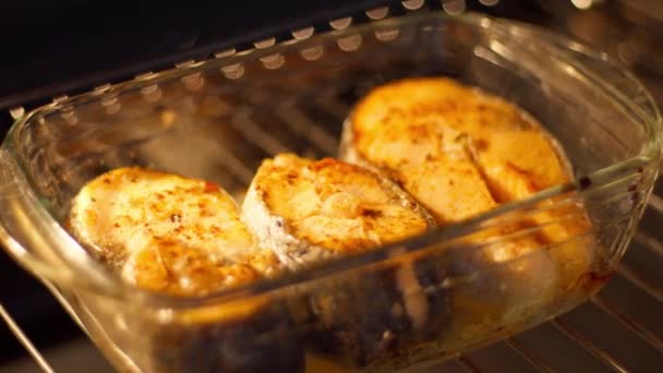 Gotowanie Łososia Piecu Pyszny Zdrowy Posiłek Przygotowywany Ostrożnością — Wideo stockowe