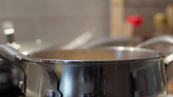 Olla Plata Brillante Una Estufa Lista Para Cocinar Delicia — Vídeos de Stock