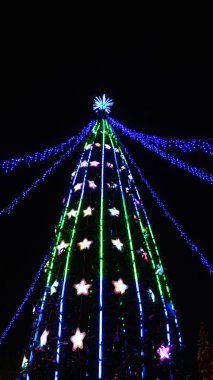 Siyah bir arka planda renkli süslemelerle süslenmiş Noel ağacı. Dikey fotoğraf