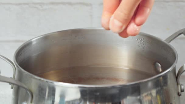 Primer Plano Plano Mano Cocinero Masculino Añadiendo Sal Agua Hirviendo — Vídeo de stock