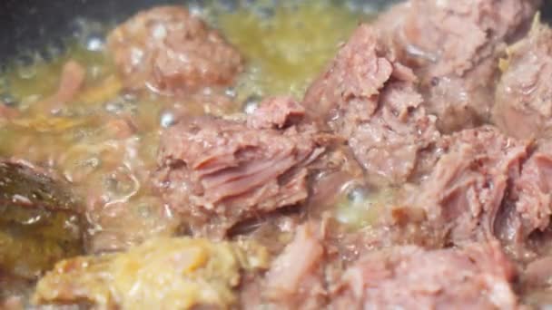 Carne Res Guisada Calor Enlatado Enfoque Selectivo Cocinar — Vídeo de stock