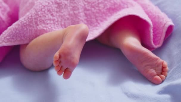 Dětské Nohy Schované Pod Útulnou Přikrývkou Novorozené Dítě Měsíc — Stock video