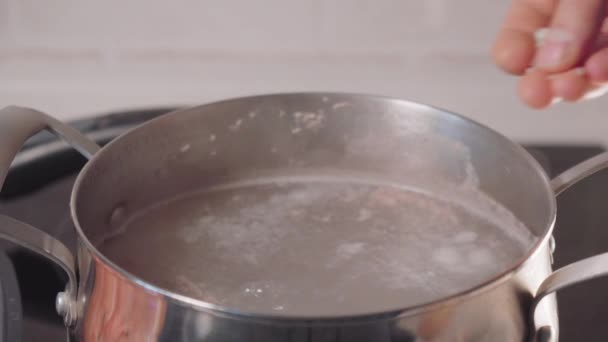Voegt Een Snufje Zout Toe Aan Een Pot Kokend Water — Stockvideo