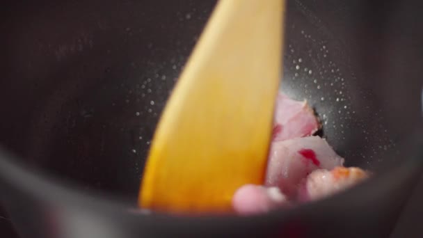 Crust Forming Tender Pork Pieces Cook Hot Pan — Stock Video