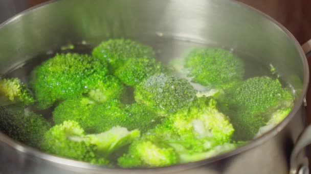 Вибрант Broccoli Florets Simmering Steamy Pot Селективный Фокус — стоковое видео