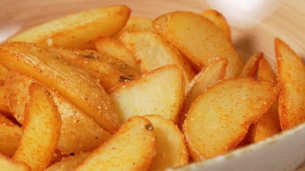 Close View Bowl Filled Freshly Cooked Golden Potato Wedges — Stock Video