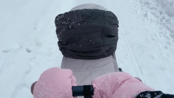 Padre Aprendo Strada Durante Una Tranquilla Passeggiata Invernale Coperto Neve — Video Stock
