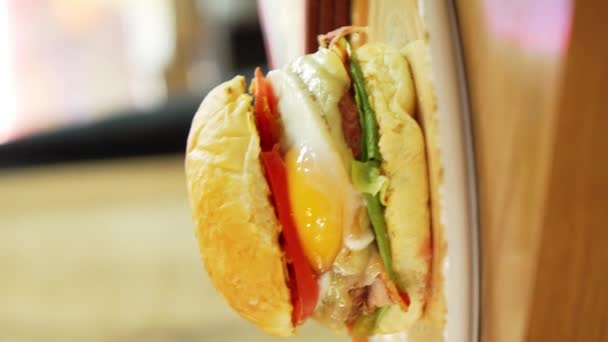 Hamburger Gastronomique Avec Une Galette Boeuf Juteuse Garnie Œufs Bacon — Video