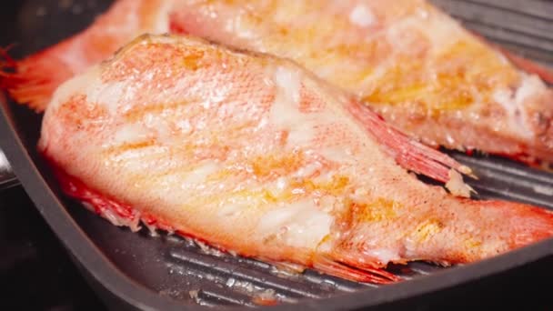Fresh Sea Bass Sizzles Perfection Hot Skillet Showcasing Delightful Evening — Stock Video